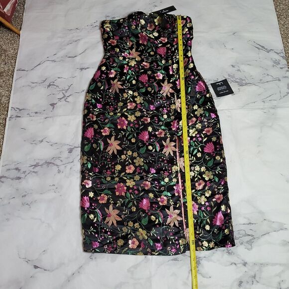 Lulu's Make a Move Black Satin Floral Jacquard Strapless Midi Dress - Picture 4 of 6